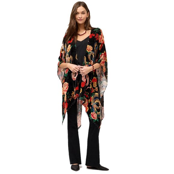 Johnny Was Levi Burnout Velvet Shawl Dragon Red Floral 3/4 Handkerchief Black NW - Picture 1 of 8